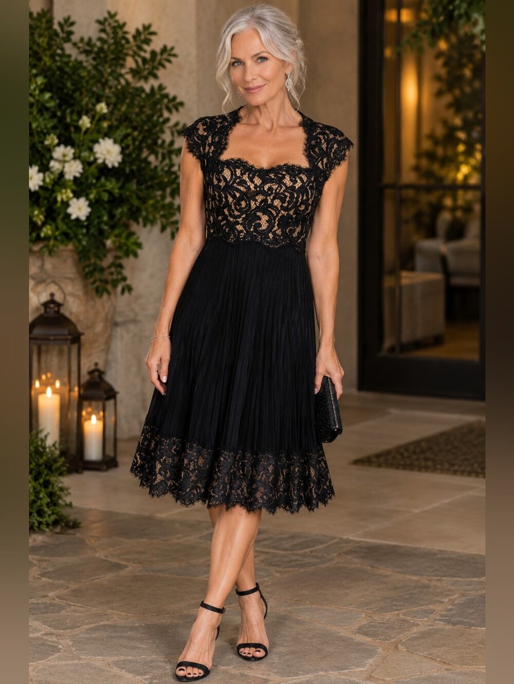 Tadashi Shoji Black Lace Cap-Sleeve Pleated Midi Dress
